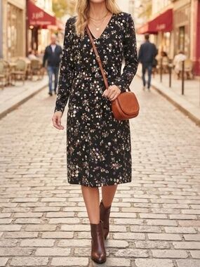 J. Jill Wearever Floral V-Neck Rayon Knit Dress Black Purple XL Petite XLP